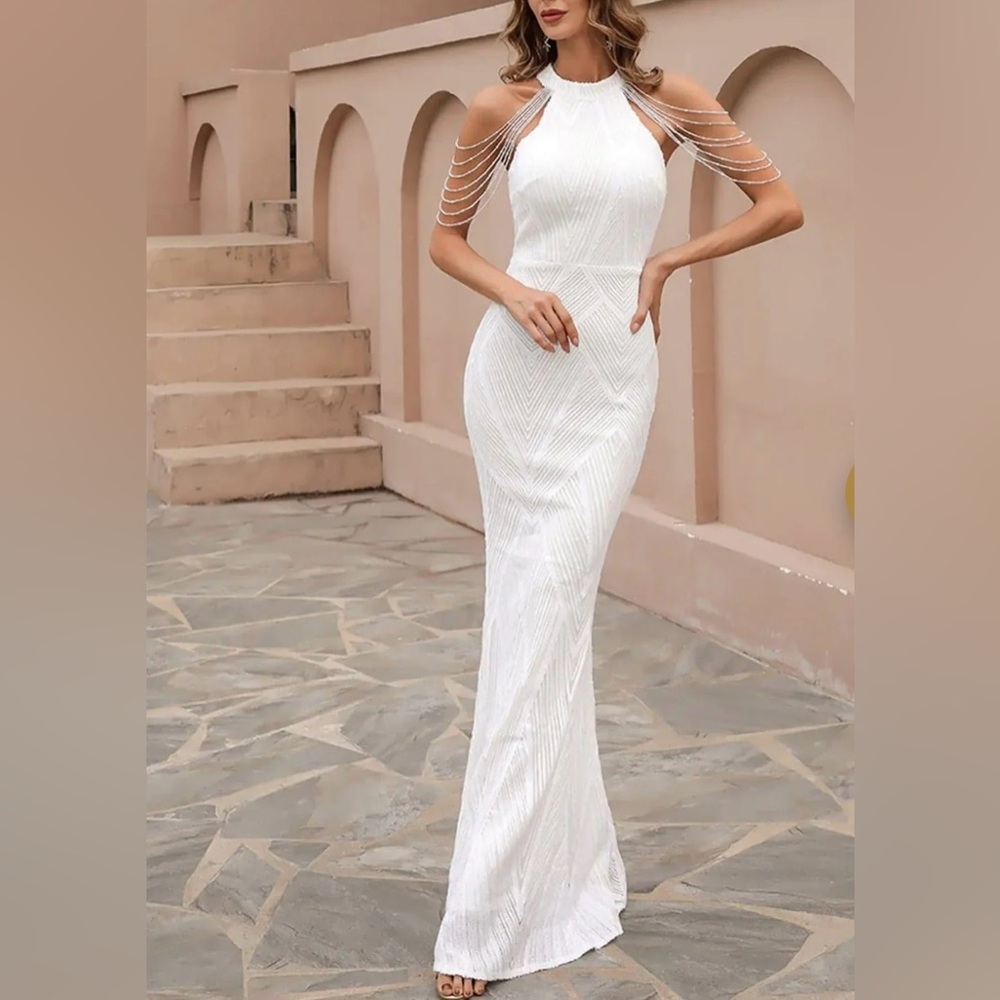 New with tags, sequin, beaded cold shoulder, floor length cocktail dress